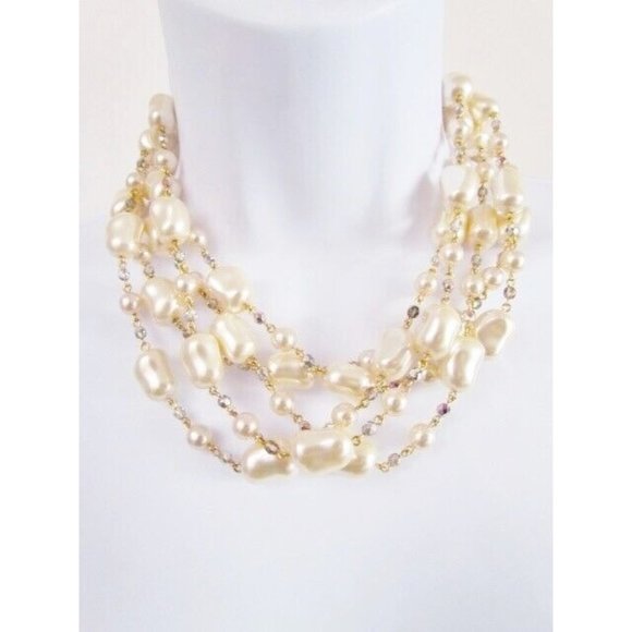 Kenneth Jay Lane 4 Rows of Pearls/Crystals Beads on Gold Tone Chain Necklace - Picture 1 of 5